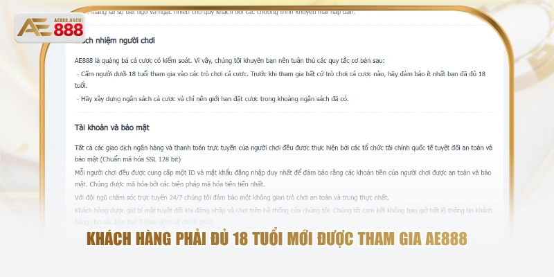 Khách hàng phải đủ 18 tuổi mới được tham gia AE888